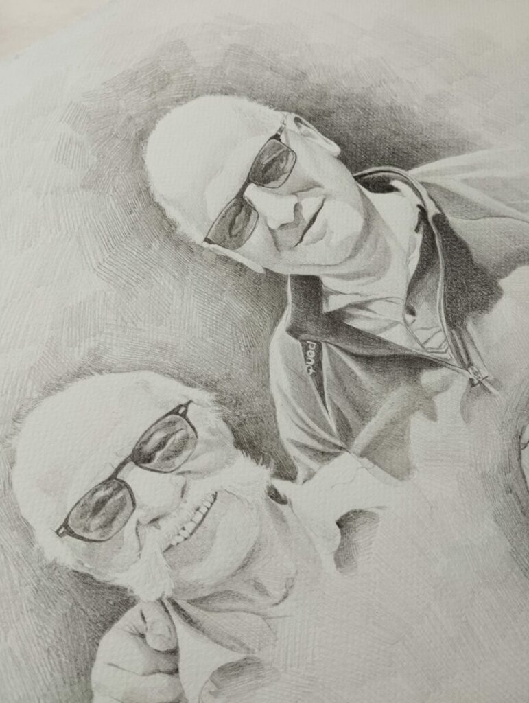 Portrait Pape, François, Hugo et Pio réalisé au crayon mine graphite en janvier 2025