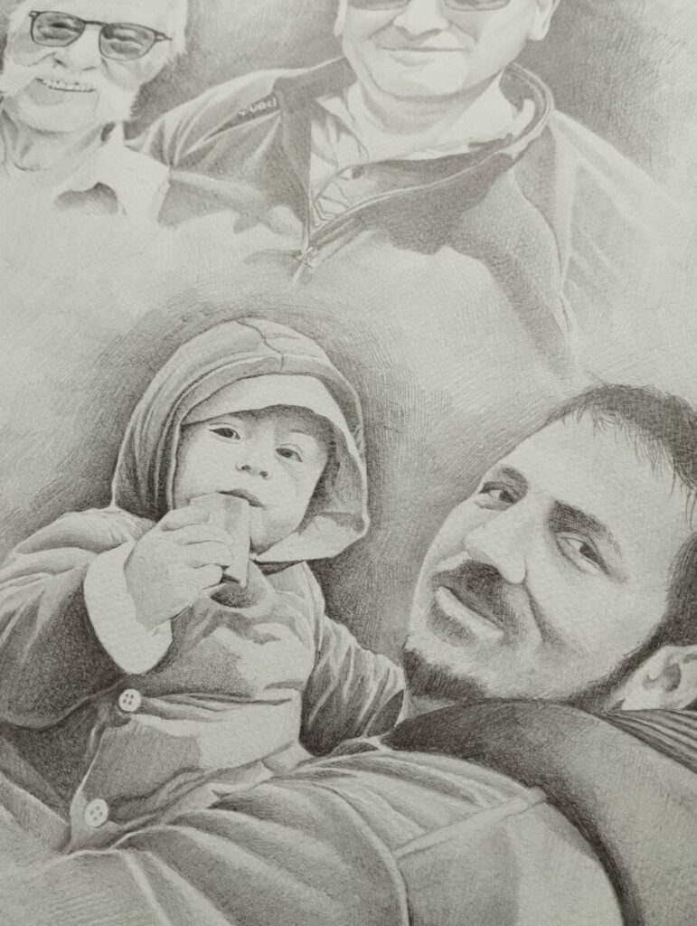 Portrait Pape, François, Hugo et Pio réalisé au crayon mine graphite en janvier 2025